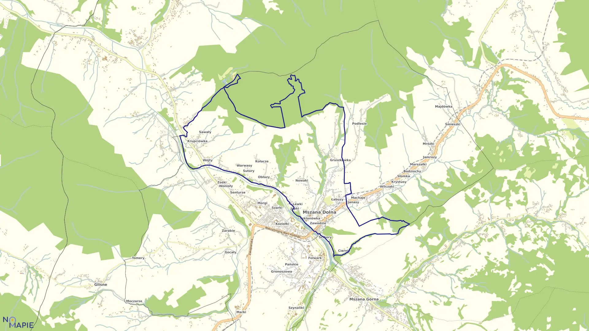 Mapa obrębu Śródmieście w mieście Mszana Dolna