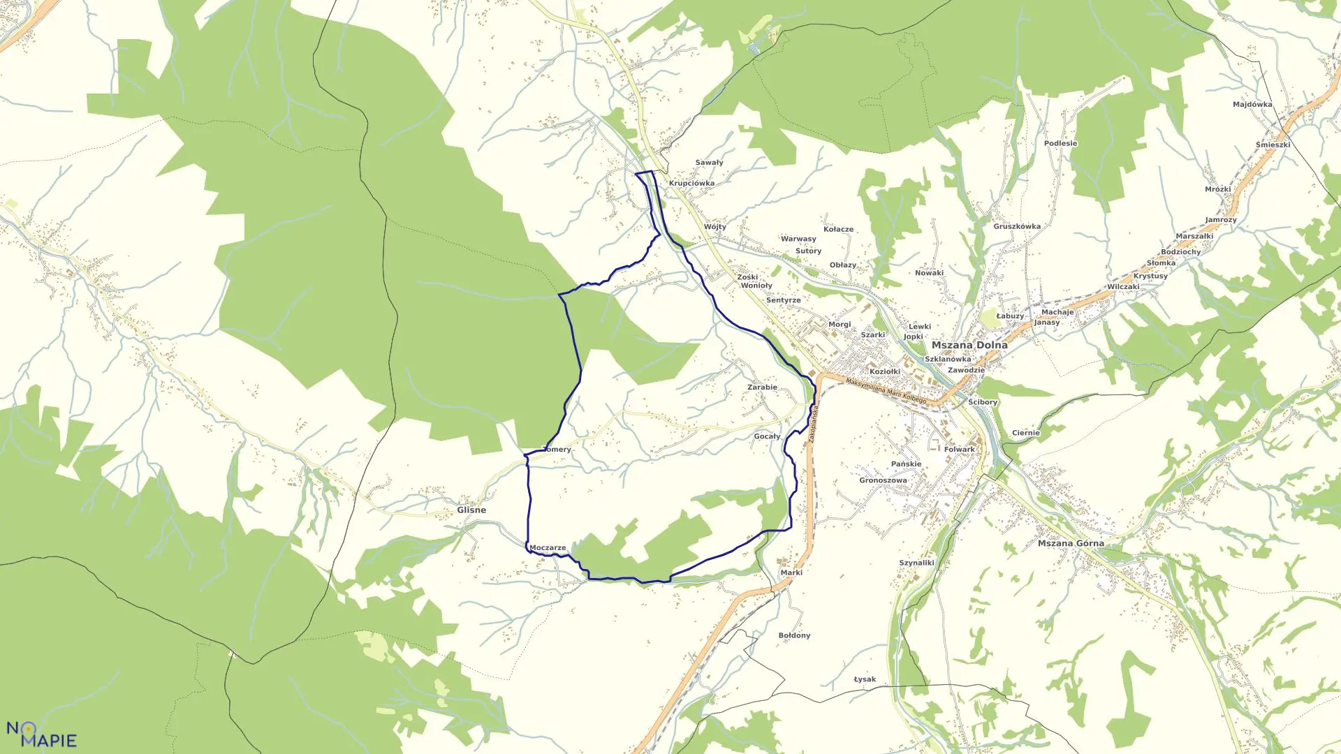Mapa obrębu Zarabie w mieście Mszana Dolna